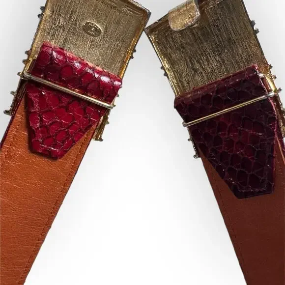 Vtg Alexis Kirk Belt Gold Ornate Buckle Red Snakeskin Leather Designer 80s Vtg Alexis Kirk Belt Gold Ornate Buckle Red Snakeskin  main image 4